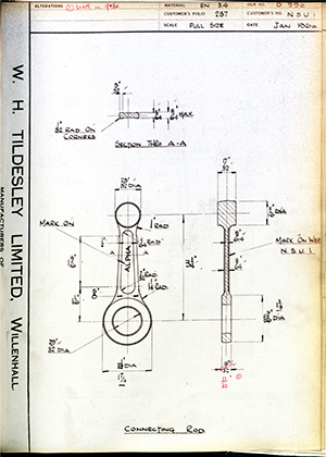 Alpha Bearings LTD NSU1 Connecting Rod WH Tildesley Forging Technical Drawing