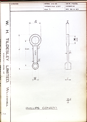 Alpha Bearings LTD  Phillips Connecting Rod WH Tildesley Forging Technical Drawing