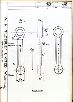 Alpha Bearings LTD RTX-1 Connecting Rod WH Tildesley Forging Technical Drawing