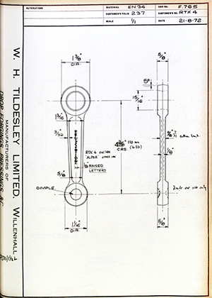 Alpha Bearings LTD RTX-4 Connecting Rod WH Tildesley Forging Technical Drawing