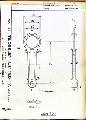 Alpha Bearings LTD T.9 Connecting Rod WH Tildesley Forging Technical Drawing