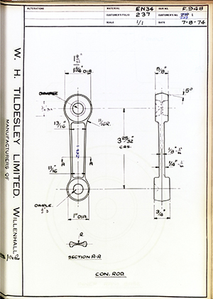 Alpha Bearings LTD ZED 1 Connecting Rod WH Tildesley Forging Technical Drawing