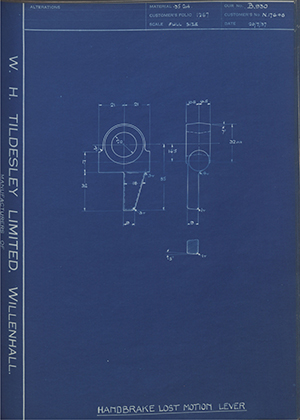 Alvis LTD N.17646 Handbrake Lost Motion Lever WH Tildesley Forging Technical Drawing