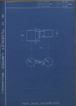 Alvis LTD N.17674 Front Brake Swinging Link WH Tildesley Forging Technical Drawing