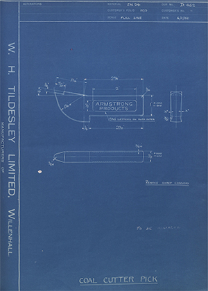 Armstrong Products LTD  Coal Cutter Pick WH Tildesley Forging Technical Drawing