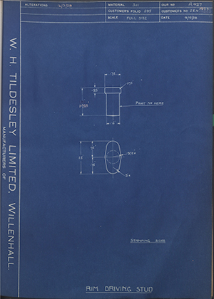 Armstrong Siddeley Motors LTD S.E.N.14296 / S.E.N.14960 Rim Driving Stud WH Tildesley Forging Technical Drawing