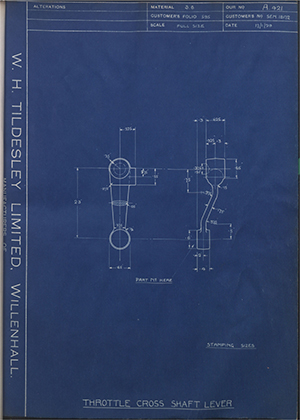 Armstrong Siddeley Motors LTD S.E.N.18172 Throttle Cross Shaft Lever WH Tildesley Forging Technical Drawing