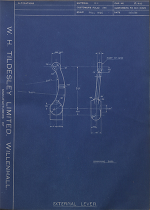 Armstrong Siddeley Motors LTD S.E.N.18693 External Lever WH Tildesley Forging Technical Drawing