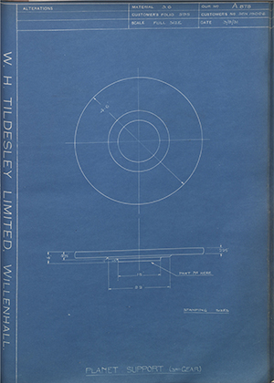 Armstrong Siddeley Motors LTD S.E.N.19006 Planet Support (3rd Gear) WH Tildesley Forging Technical Drawing