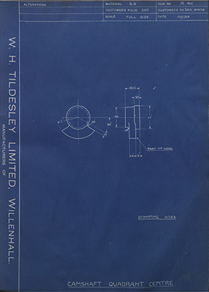 Armstrong Siddeley Motors LTD S.E.N.19476 Camshaft Quadrant Centre WH Tildesley Forging Technical Drawing