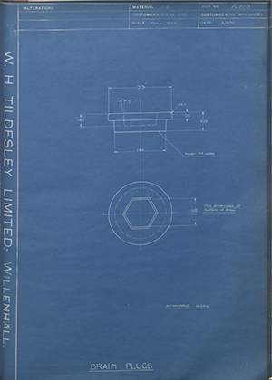 Armstrong Siddeley Motors LTD S.E.N.19487 Drain Plugs WH Tildesley Forging Technical Drawing