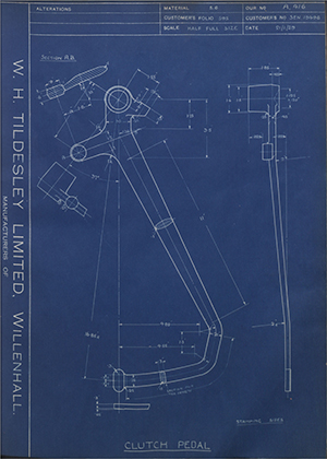 Armstrong Siddeley Motors LTD S.E.N.19496 Clutch Pedal WH Tildesley Forging Technical Drawing