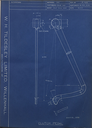 Armstrong Siddeley Motors LTD S.E.N.19793 Clutch Pedal WH Tildesley Forging Technical Drawing