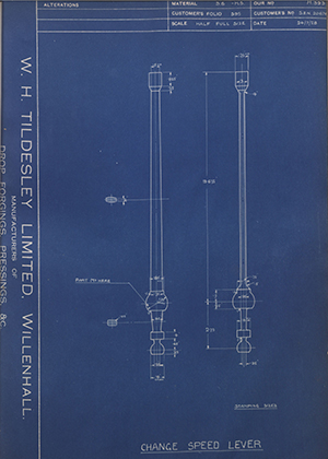 Armstrong Siddeley Motors LTD S.E.N.20676 Change Speed Lever WH Tildesley Forging Technical Drawing