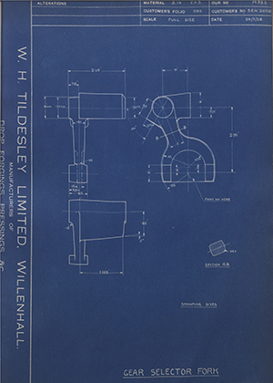 Armstrong Siddeley Motors LTD S.E.N.20702 Gear Selector Fork WH Tildesley Forging Technical Drawing