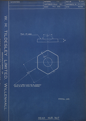 Armstrong Siddeley Motors LTD S.E.N.20786 Rear Hub Nut WH Tildesley Forging Technical Drawing