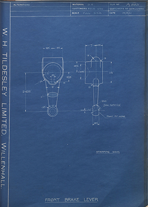 Armstrong Siddeley Motors LTD S.E.N.20886 Front Brake Lever WH Tildesley Forging Technical Drawing