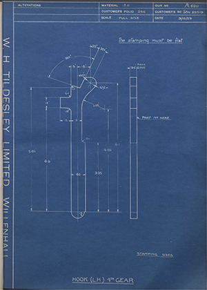 Armstrong Siddeley Motors LTD S.E.N.22519 Hook (LH) 4th Gear WH Tildesley Forging Technical Drawing