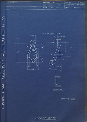 Armstrong Siddeley Motors LTD S.E.N.23301 Locking Piece WH Tildesley Forging Technical Drawing