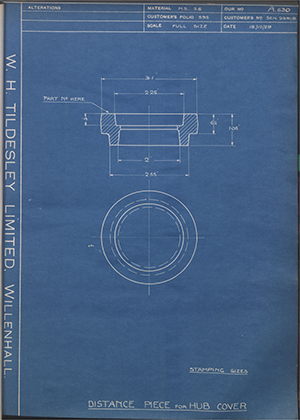 Armstrong Siddeley Motors LTD S.E.N.23918 Distance Piece for Hub Cover WH Tildesley Forging Technical Drawing