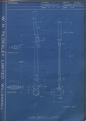 Armstrong Siddeley Motors LTD S.E.N.24545 Hand Brake Lever WH Tildesley Forging Technical Drawing