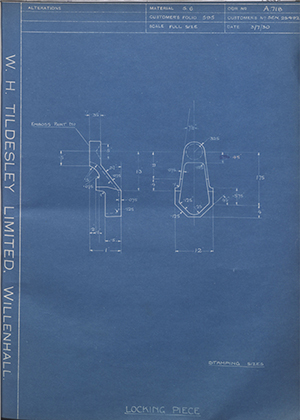 Armstrong Siddeley Motors LTD S.E.N.25492 Locking Piece WH Tildesley Forging Technical Drawing