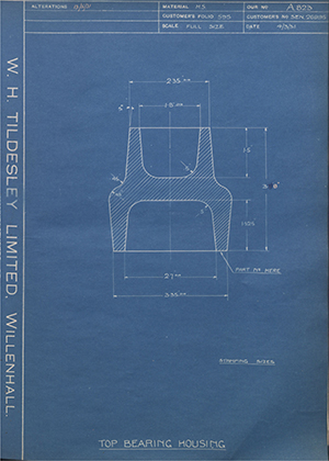 Armstrong Siddeley Motors LTD S.E.N.26995 Top Bearing Housing WH Tildesley Forging Technical Drawing