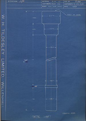 Armstrong Siddeley Motors LTD S.E.N.27787 Driving Shaft WH Tildesley Forging Technical Drawing