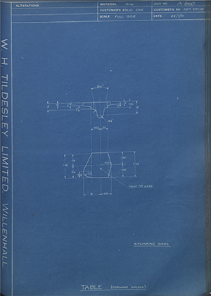 Armstrong Siddeley Motors LTD S.E.N.29179 Table (Forward Speeds) WH Tildesley Forging Technical Drawing