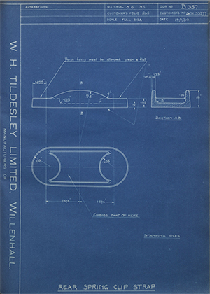 Armstrong Siddeley Motors LTD S.E.N.33377 Rear Spring Clip Strap WH Tildesley Forging Technical Drawing