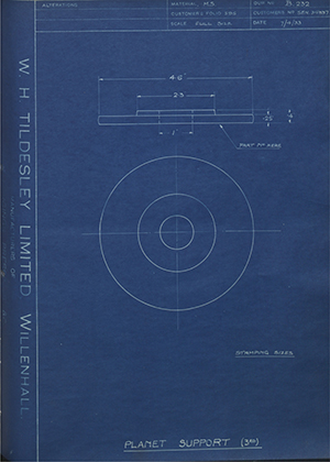 Armstrong Siddeley Motors LTD S.E.N.34337 Planet Support (3rd) WH Tildesley Forging Technical Drawing