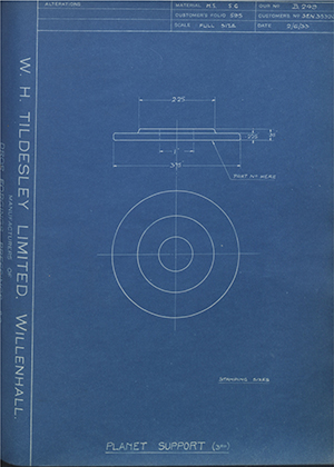 Armstrong Siddeley Motors LTD S.E.N.35320 Planet Support (3rd) WH Tildesley Forging Technical Drawing