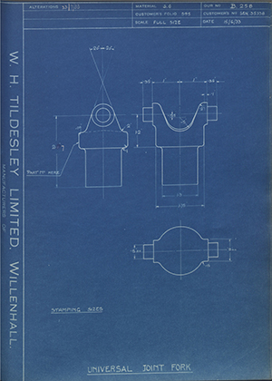 Armstrong Siddeley Motors LTD S.E.N.35338 Universal Joint Fork WH Tildesley Forging Technical Drawing