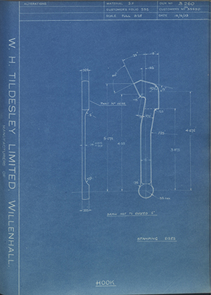 Armstrong Siddeley Motors LTD S.E.N.35520 Hook WH Tildesley Forging Technical Drawing