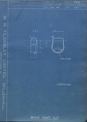 Armstrong Siddeley Motors LTD S.E.N.36143 Brake Shaft Clip WH Tildesley Forging Technical Drawing