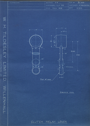 Armstrong Siddeley Motors LTD S.E.N.36439 Clutch Relay Lever WH Tildesley Forging Technical Drawing