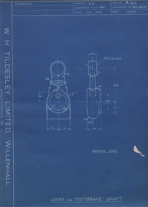 Armstrong Siddeley Motors LTD S.E.N.36445 Lever for Footbrake Shaft WH Tildesley Forging Technical Drawing