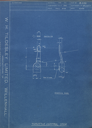 Armstrong Siddeley Motors LTD S.E.N.36514 Throttle Control Stop WH Tildesley Forging Technical Drawing