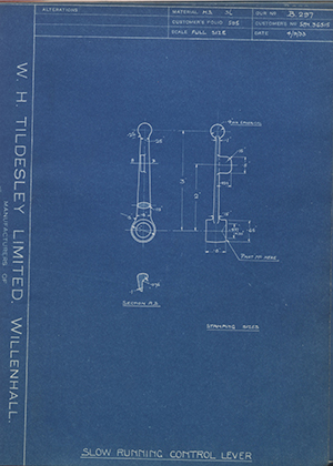 Armstrong Siddeley Motors LTD S.E.N.36515 Slow Running Control Lever WH Tildesley Forging Technical Drawing