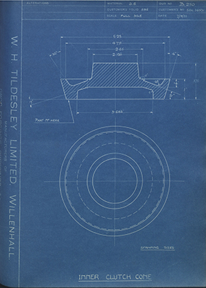 Armstrong Siddeley Motors LTD S.E.N.36571 Inner Clutch Cone WH Tildesley Forging Technical Drawing