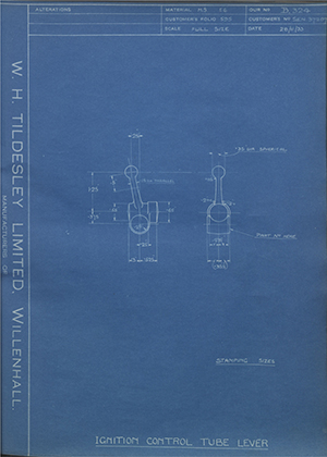 Armstrong Siddeley Motors LTD S.E.N.37207 Ignition Control Tube Lever WH Tildesley Forging Technical Drawing