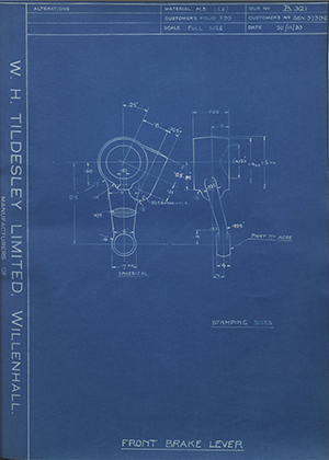 Armstrong Siddeley Motors LTD S.E.N.37396 Front Brake Lever WH Tildesley Forging Technical Drawing