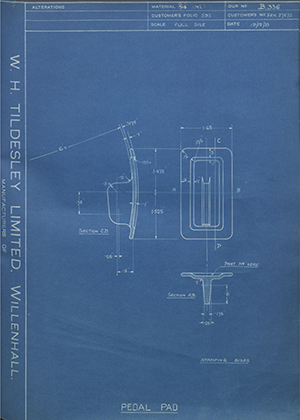 Armstrong Siddeley Motors LTD S.E.N.37672 Pedal Pad WH Tildesley Forging Technical Drawing