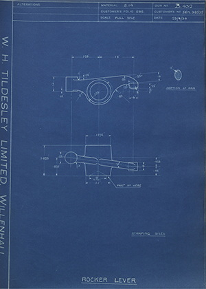 Armstrong Siddeley Motors LTD S.E.N.38535 Rocker Lever WH Tildesley Forging Technical Drawing