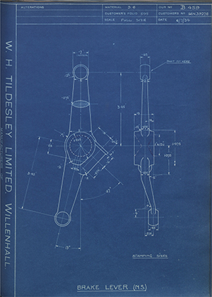 Armstrong Siddeley Motors LTD S.E.N.39278 Brake Lever (N.S) WH Tildesley Forging Technical Drawing