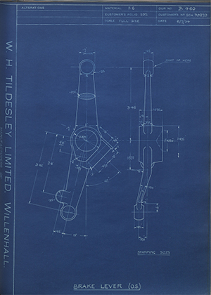 Armstrong Siddeley Motors LTD S.E.N.39279 Brake Lever (O.S) WH Tildesley Forging Technical Drawing