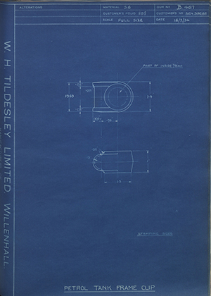 Armstrong Siddeley Motors LTD S.E.N.39285 Petrol Tank Frame Clip WH Tildesley Forging Technical Drawing