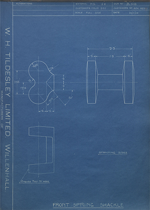 Armstrong Siddeley Motors LTD S.E.N.40391 Front Spring Shackle WH Tildesley Forging Technical Drawing