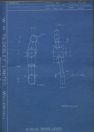 Armstrong Siddeley Motors LTD S.E.N.41341 Q Valve Brake Lever WH Tildesley Forging Technical Drawing