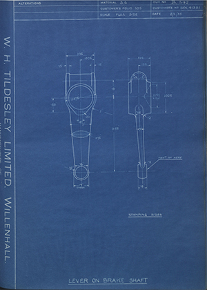 Armstrong Siddeley Motors LTD S.E.N.41351 Lever on Brake Shaft WH Tildesley Forging Technical Drawing